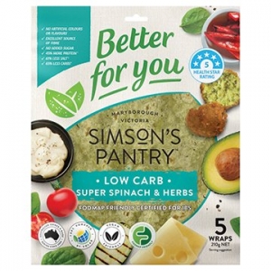 Simsons Pantry Low Carb Super Spinach & Herb Wraps 8" (210g x 5) x 12